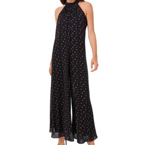MSK Pants - MSK M black pink floral halter tie neck sleeveless wide leg jumpsuit $99 B117